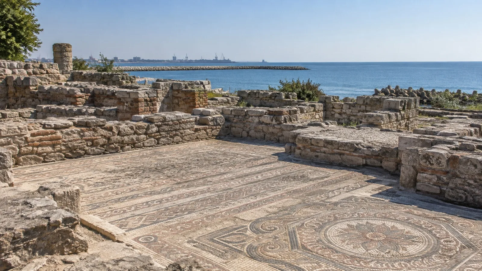 Exposed Roman mosaic floor at the ancient Tomis archaeological site in Constanța