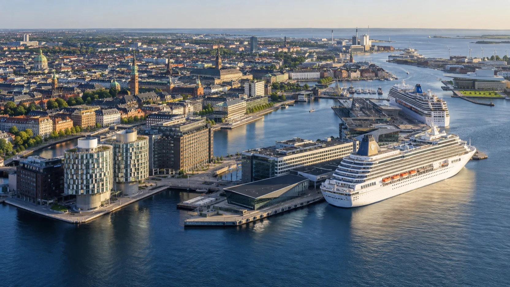 Aerial view of Copenhagen's harbor and cruise piers