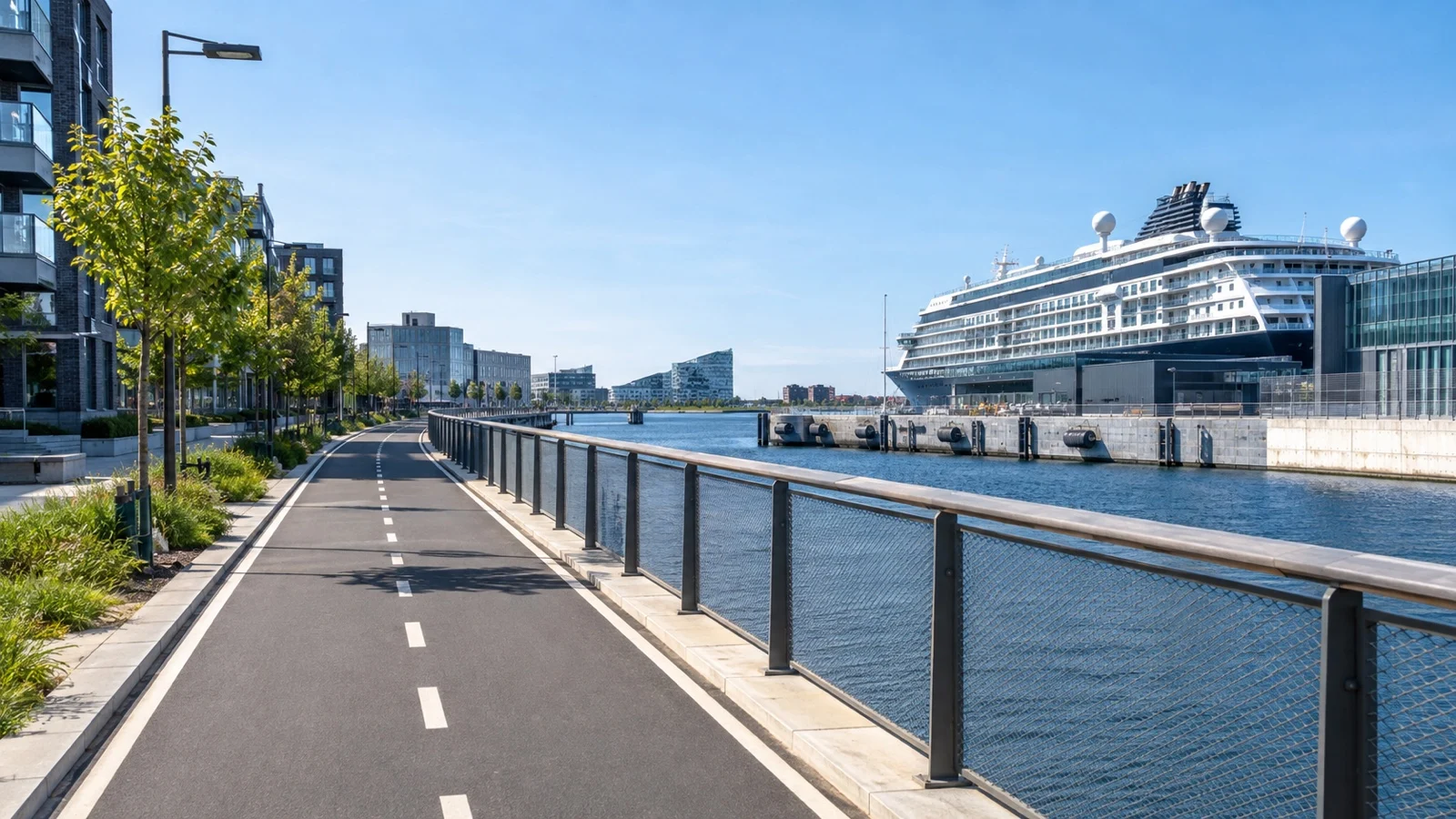 Empty protected cycleway near Copenhagen cruise port