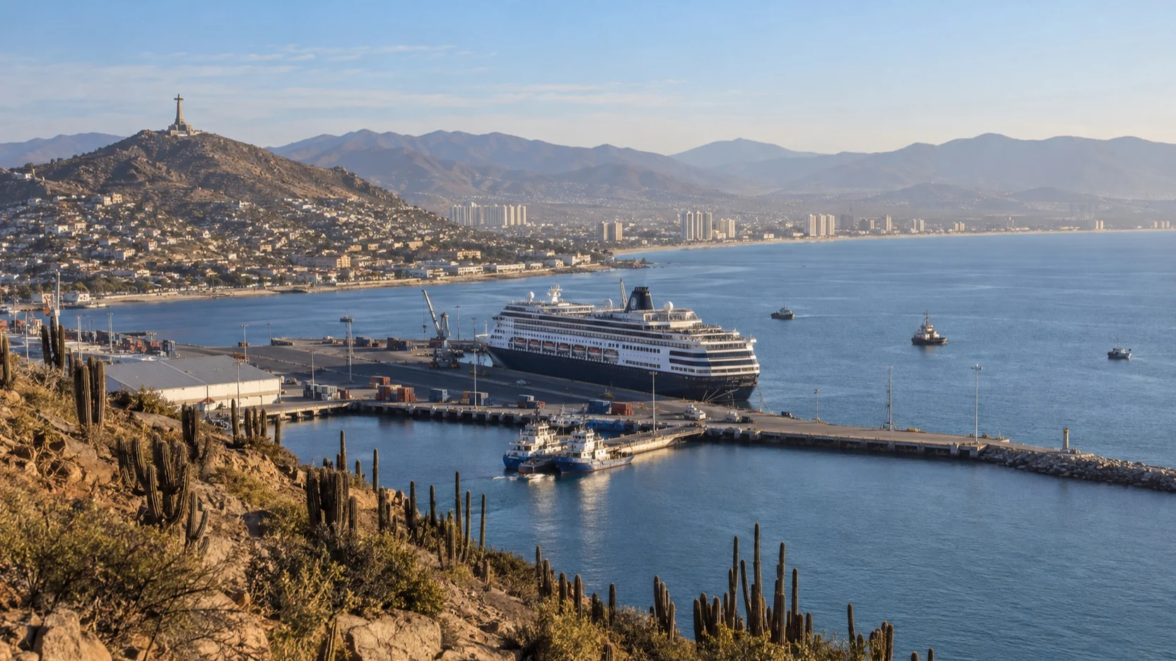 Cruise ship at Coquimbo harbor below Chile's dry coastal hills