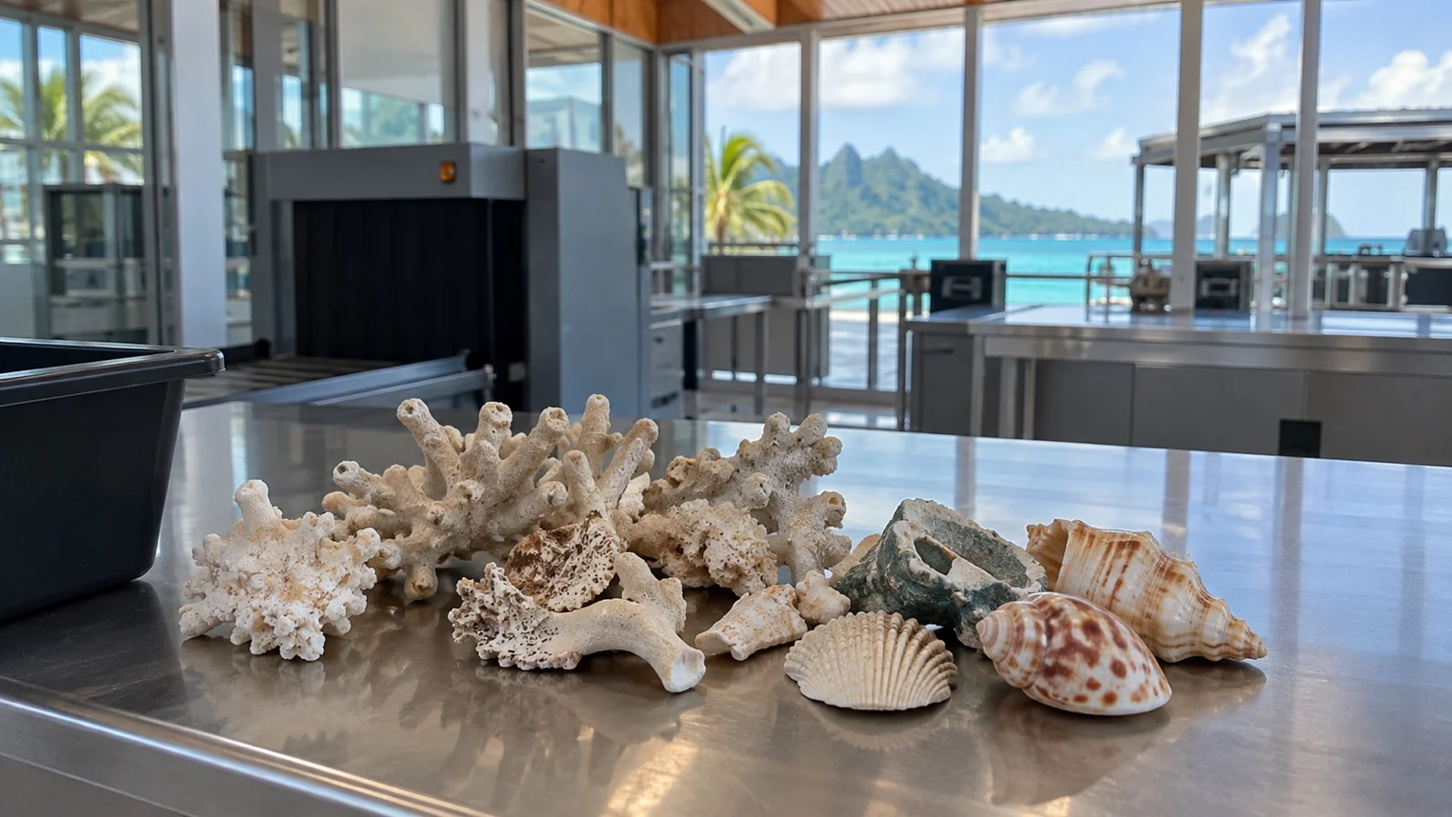 Coral fragments and seashells on a customs inspection counter, no people
