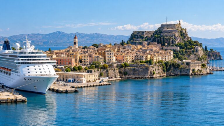 Cruise ship at Corfu port with the Old Town and Old Fortress beyond