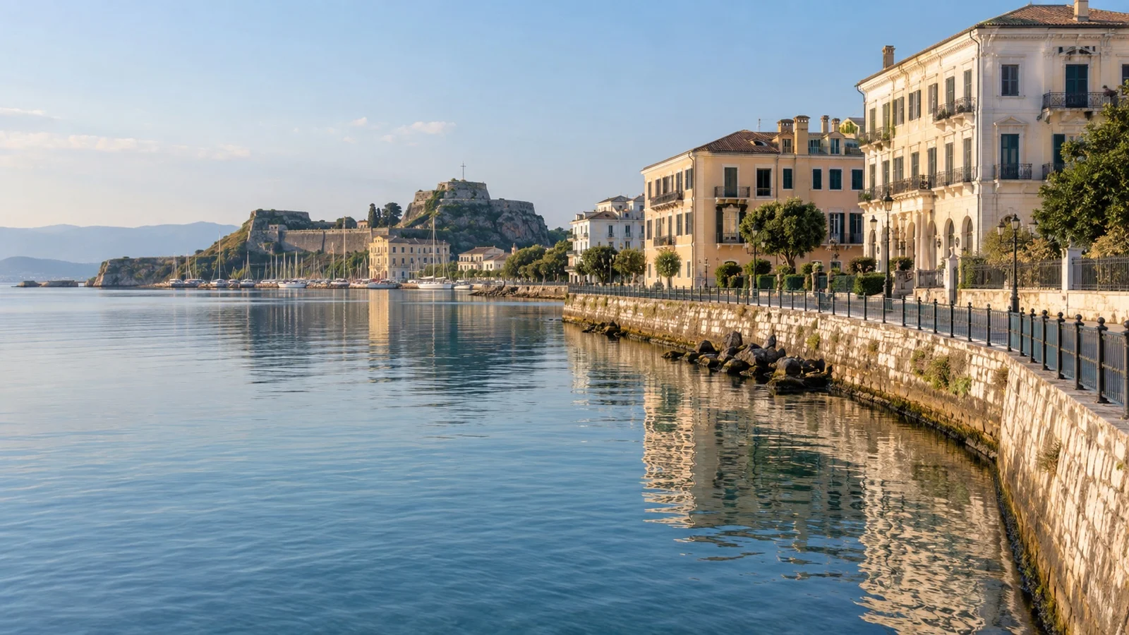 Garitsa Bay promenade and waterfront buildings in Corfu