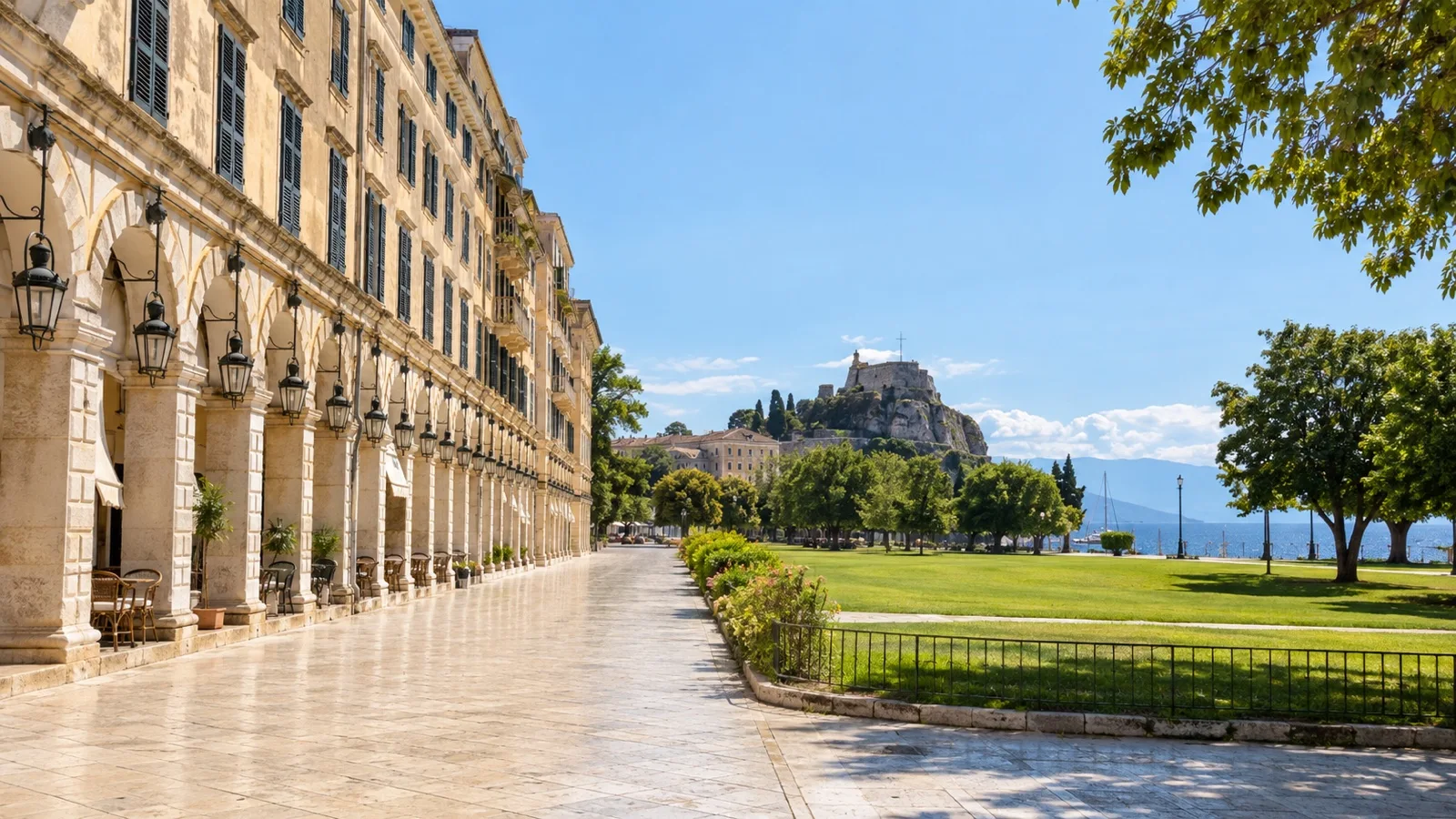 Corfu Old Town buildings beside the Esplanade square