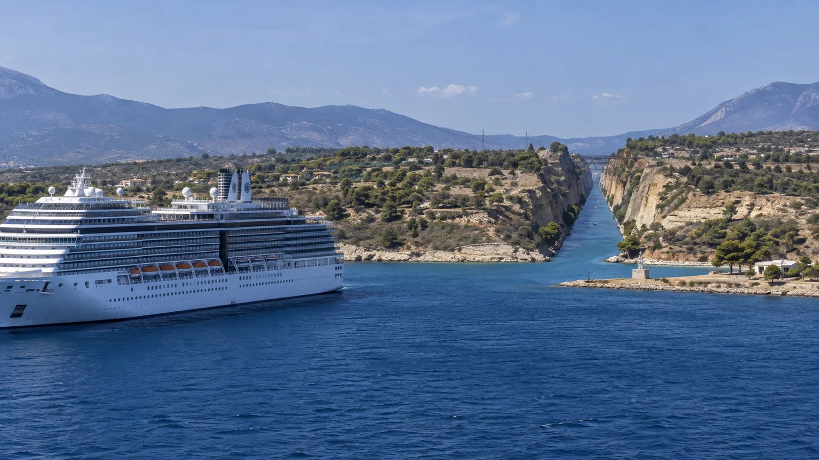 Large modern cruise ship outside Corinth Canal entrance