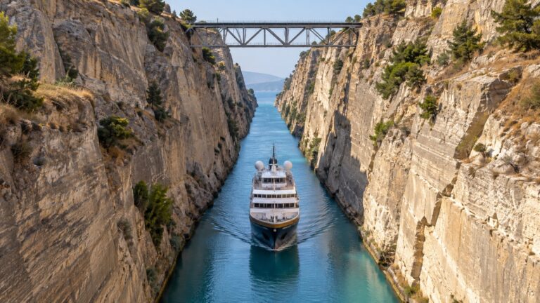 Small cruise ship passing Corinth Canal