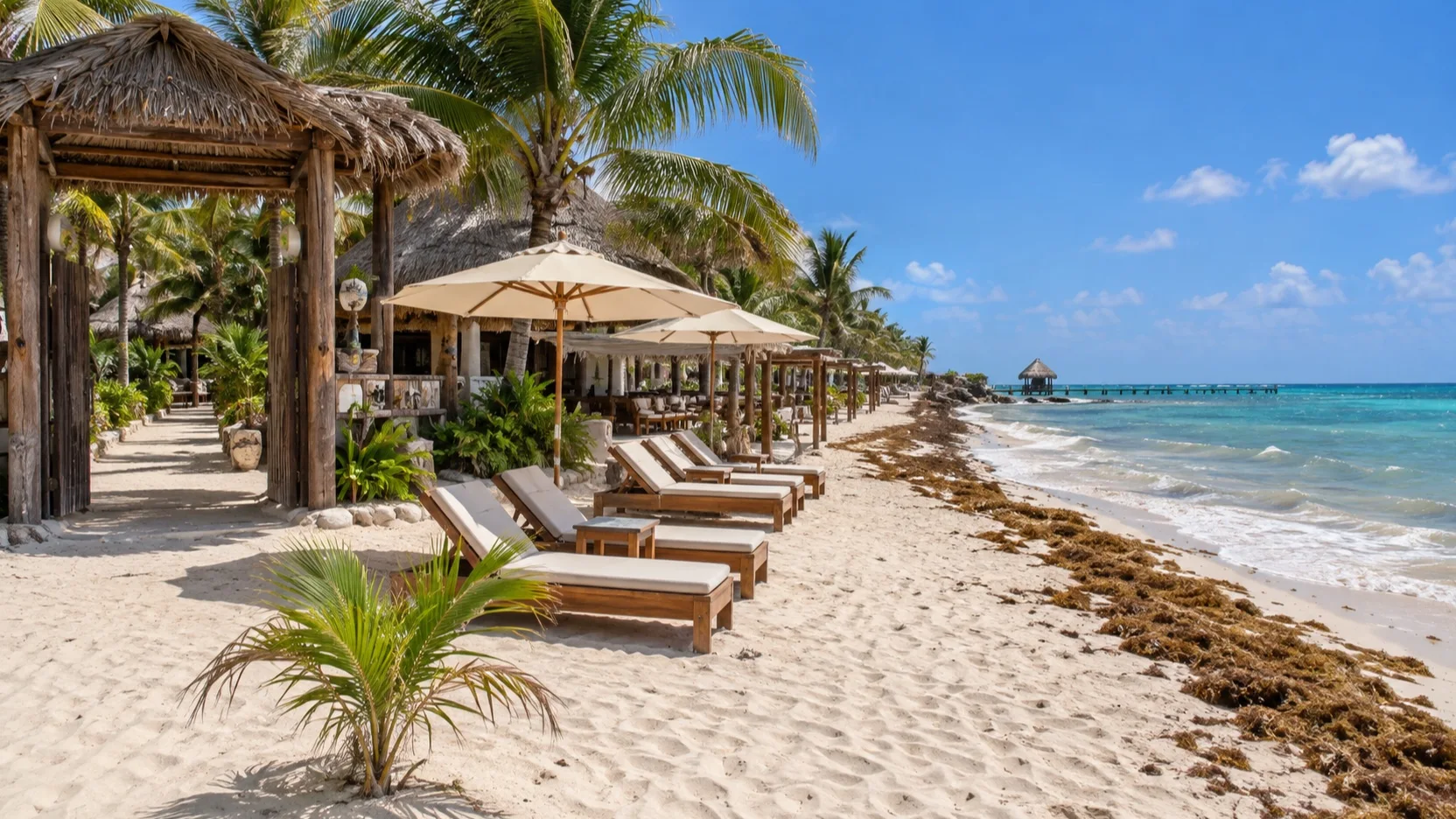 Empty Costa Maya beach club with seaweed at the waterline