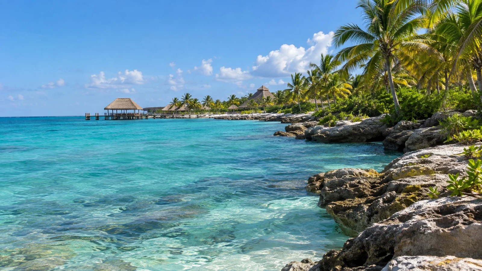 Turquoise Caribbean water and natural palm-lined shore near Costa Maya, Mexico