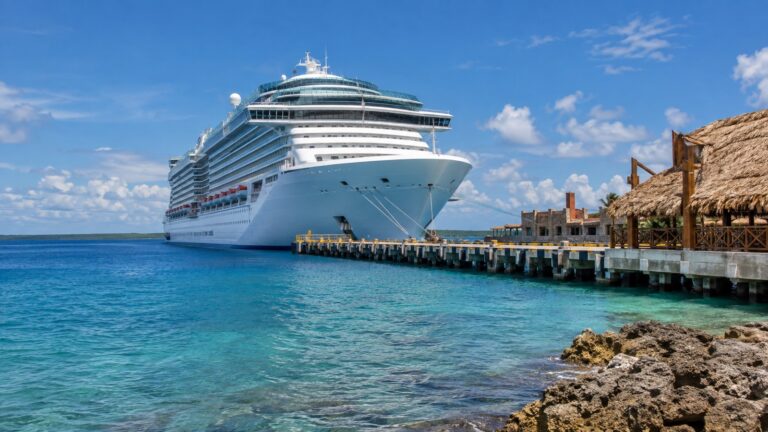 Large cruise ship at the Costa Maya pier on the Caribbean coast of Mexico