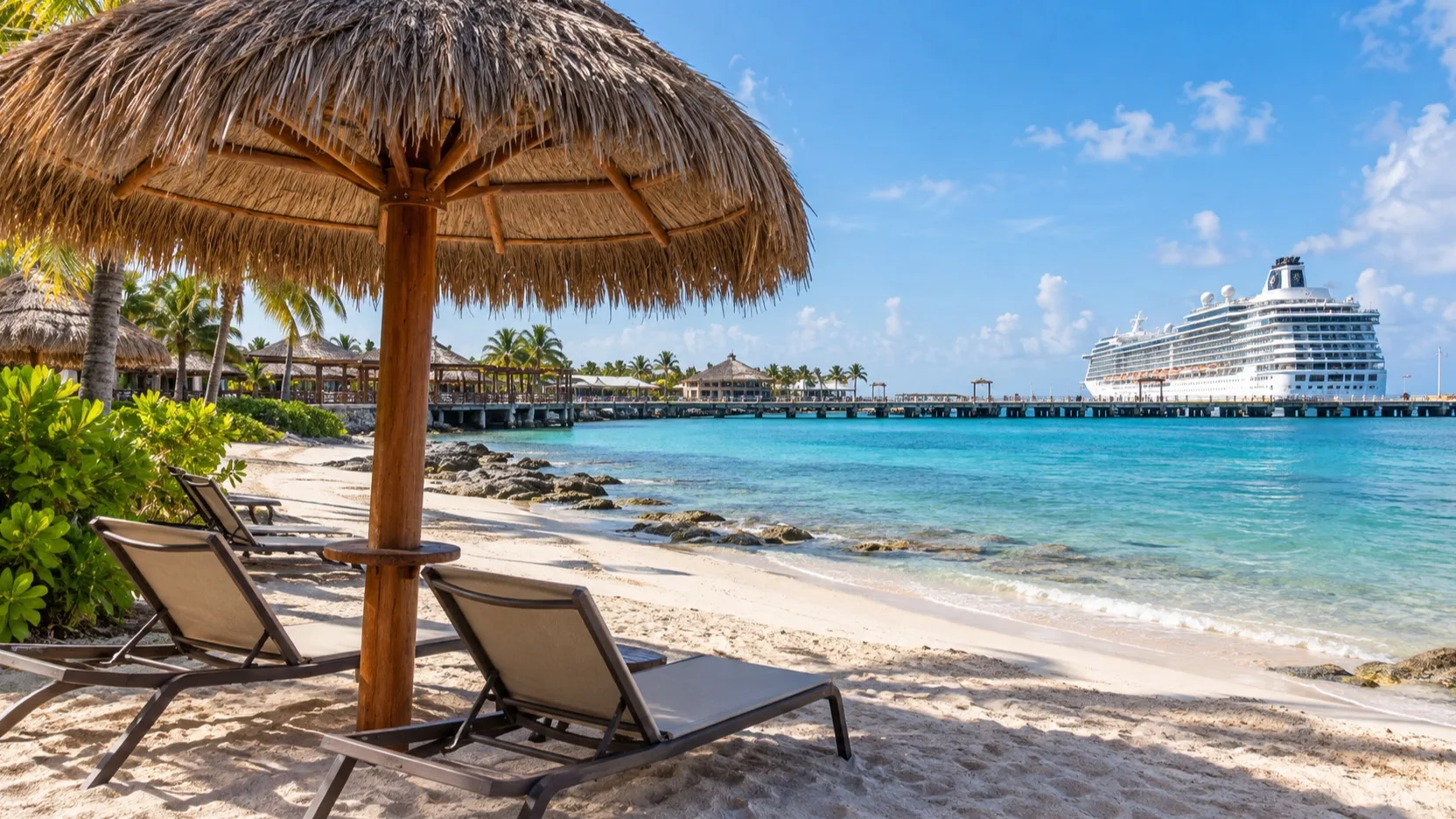 Empty shaded beach near a Costa Maya cruise pier