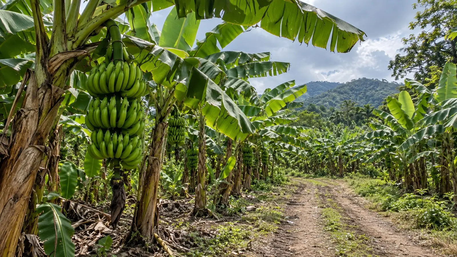 Banana plants along a Caribbean lowland plantation path in Costa Rica