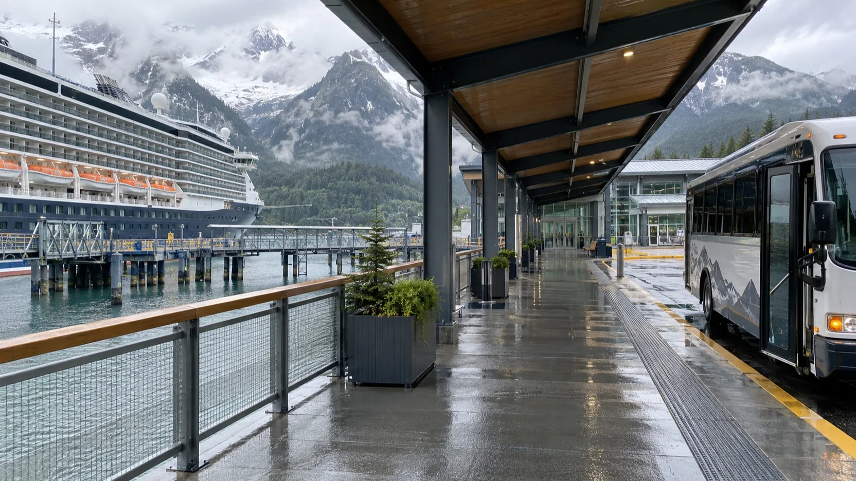 Covered step-free walkway to an Alaska port shuttle in rain