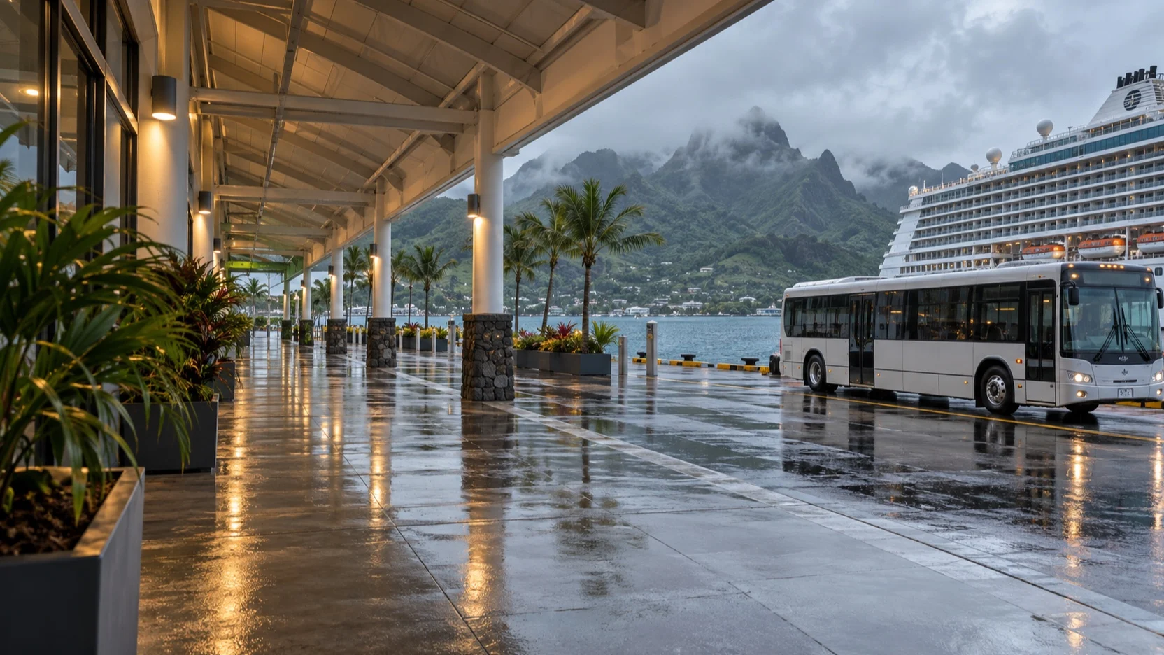 Empty covered cruise terminal walkway and port shuttle on a rainy day