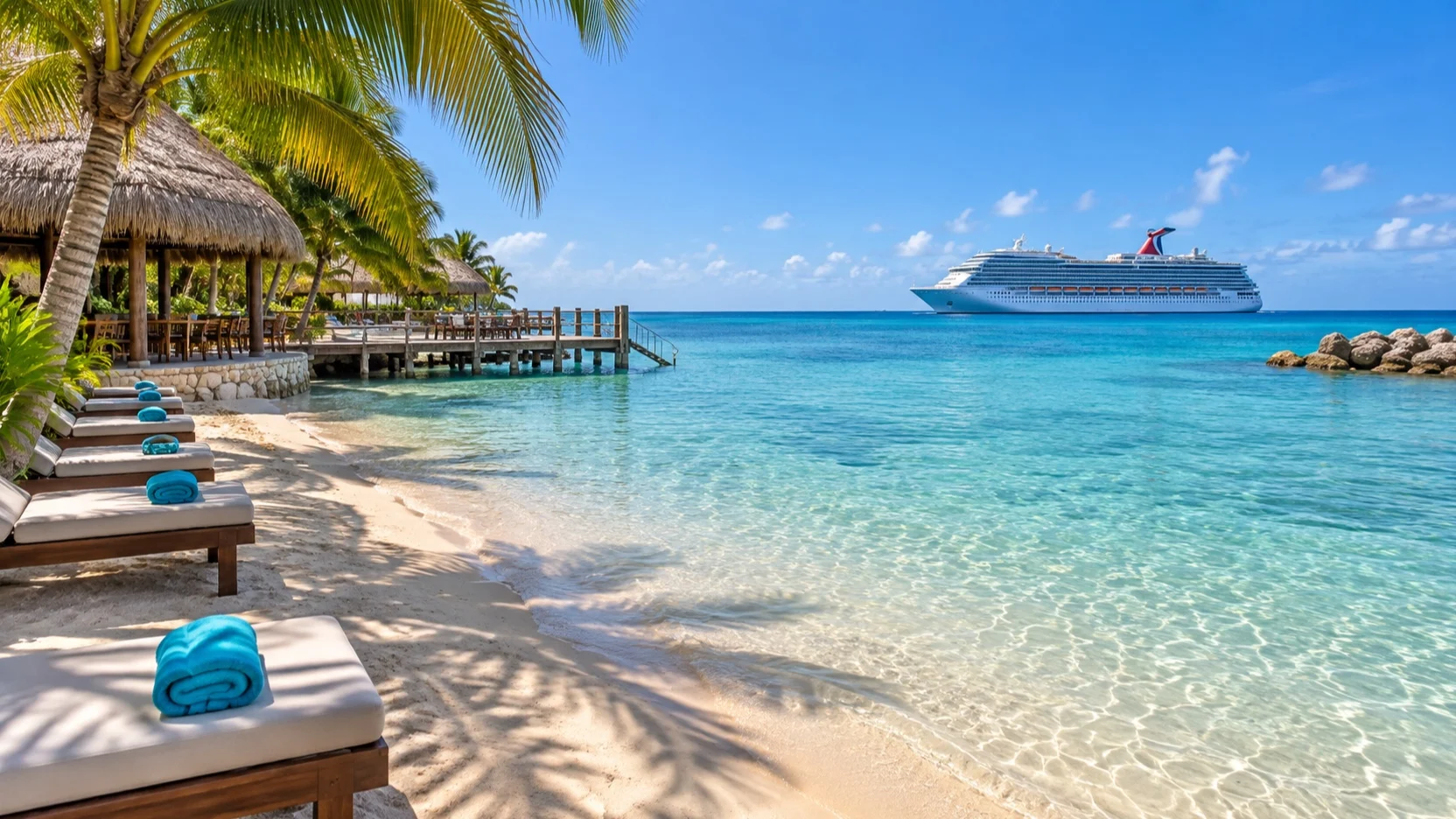 Quiet Cozumel beach club with calm shallow water and a cruise ship offshore