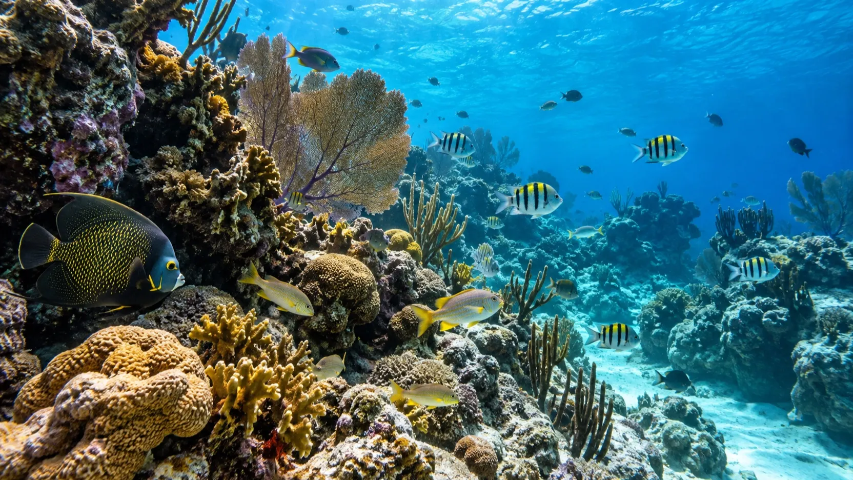 Tropical fish over a clear-water coral reef near Cozumel