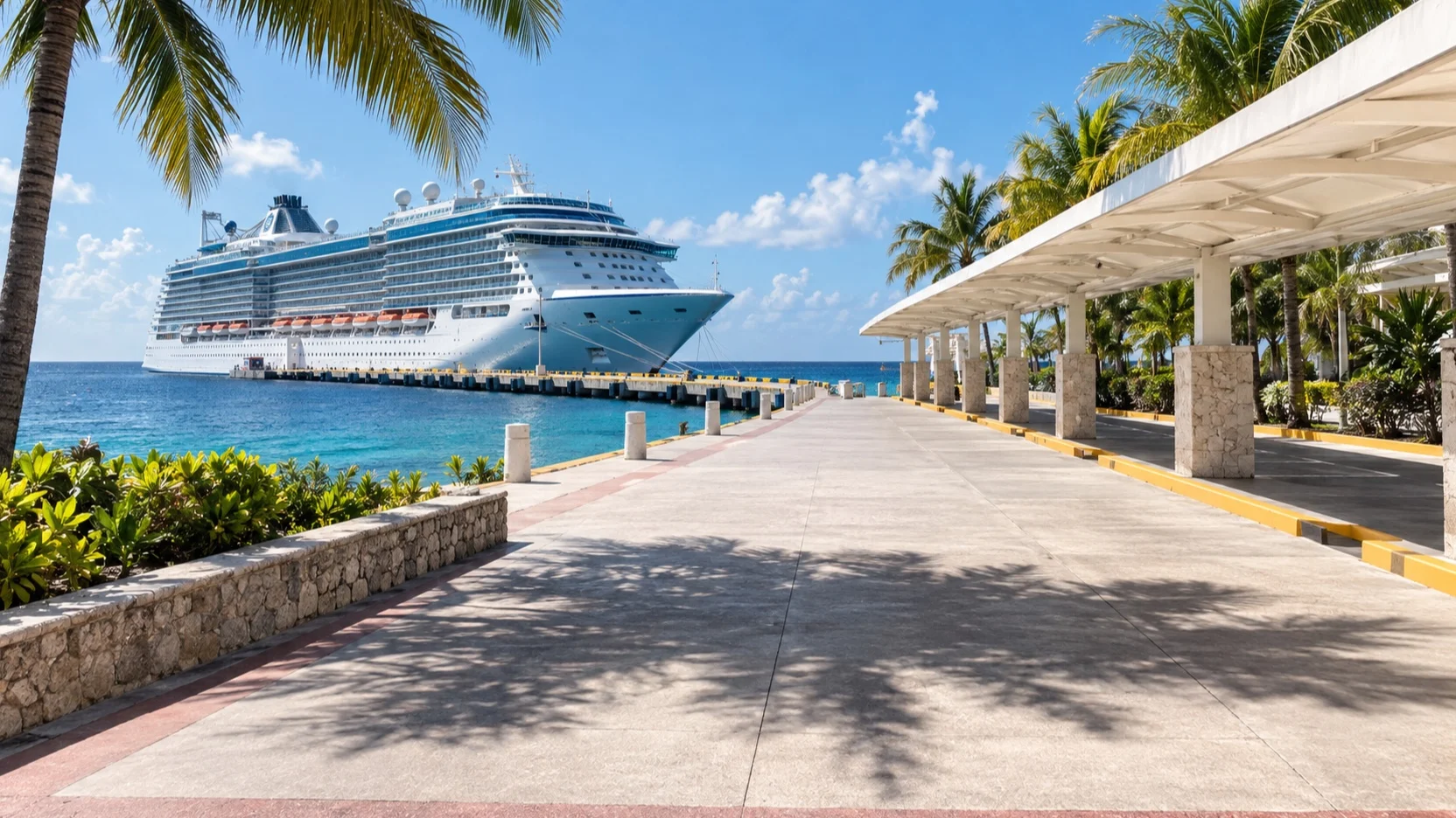Empty port pickup walkway beside a Cozumel cruise ship