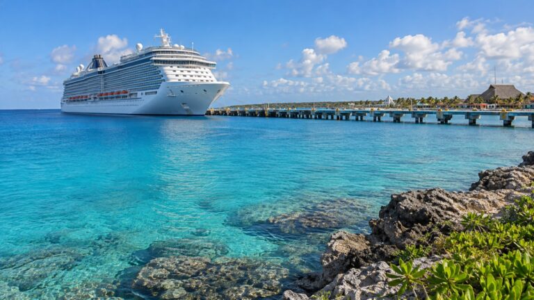 Cruise ship at a Cozumel pier over clear Caribbean water