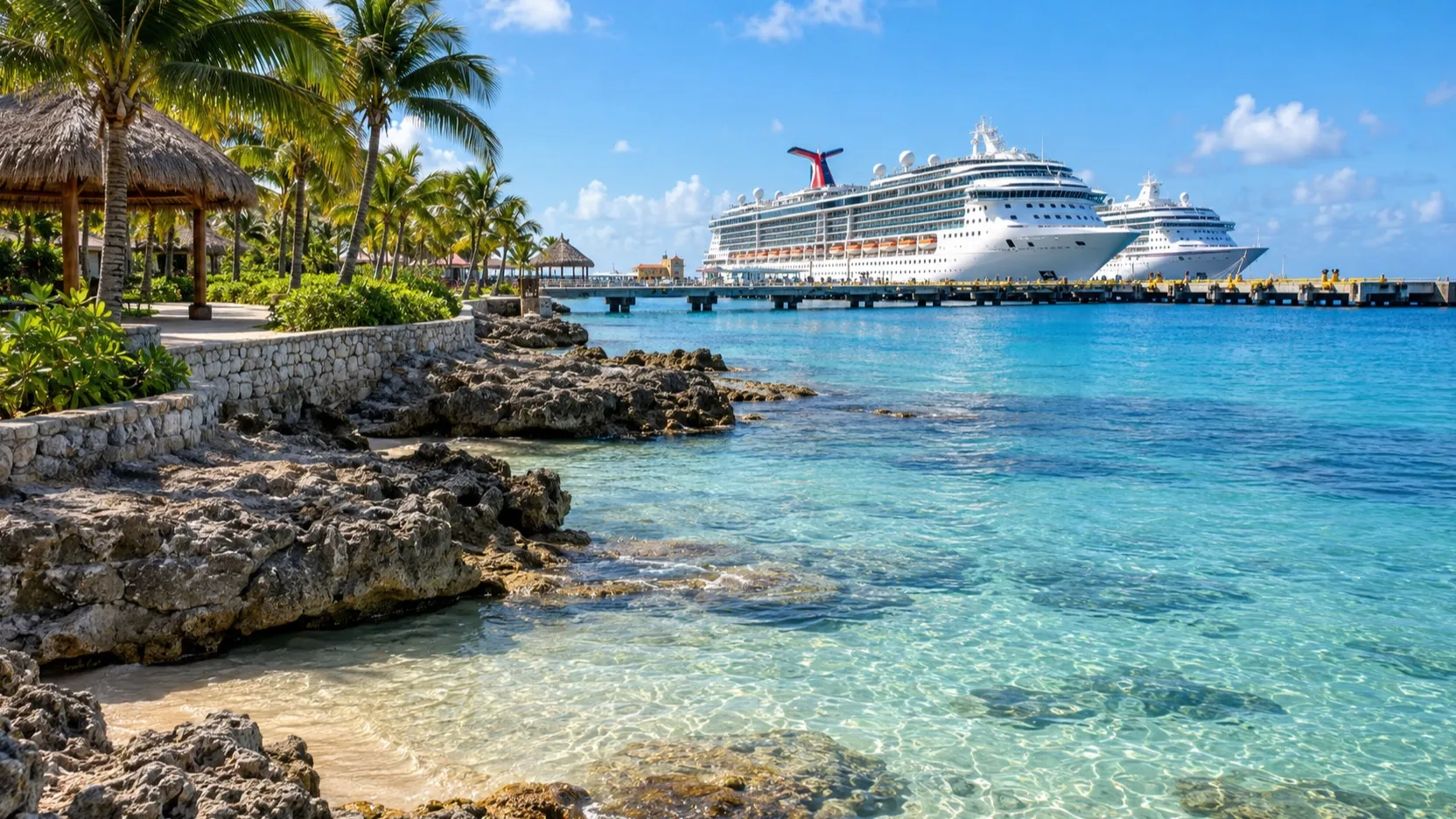 Clear Cozumel shoreline with cruise ship near the pier