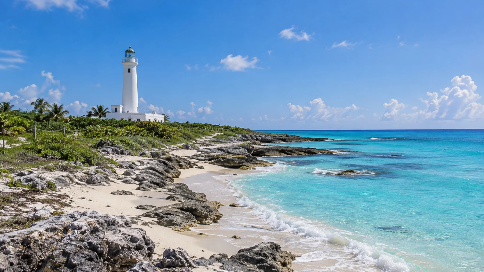 White lighthouse above the rocky Caribbean shoreline at Cozumel’s Punta Sur