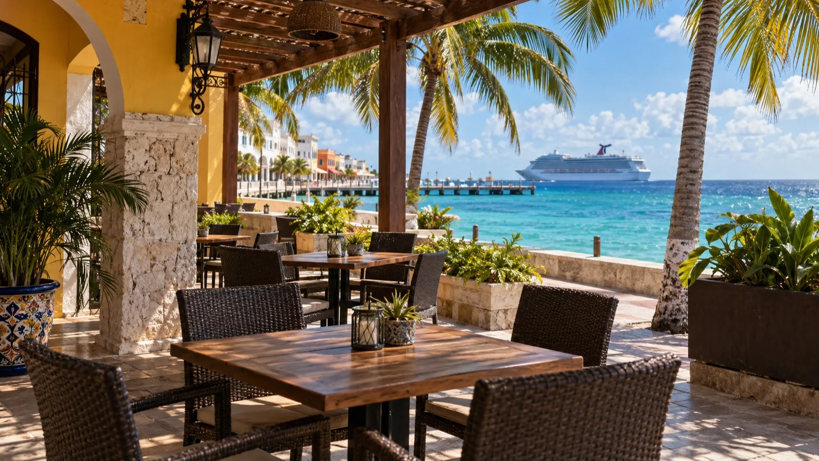 Empty shaded cafe terrace beside the Cozumel waterfront