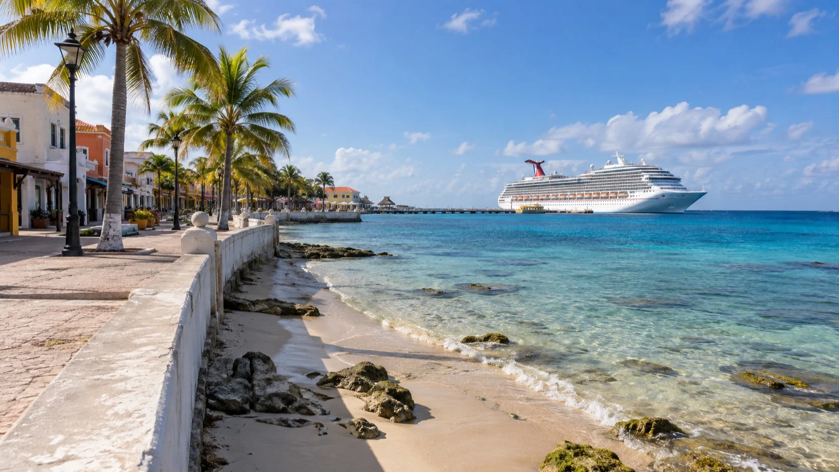 San Miguel waterfront path, small beach, and cruise ship in Cozumel