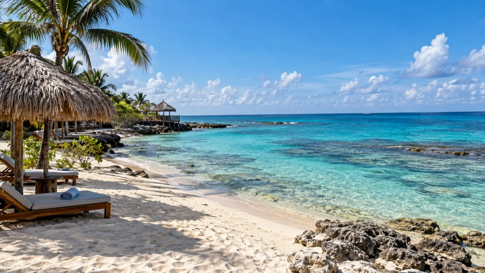 Empty Cozumel beach club with palms, thatched shade, pale sand, and clear Caribbean water
