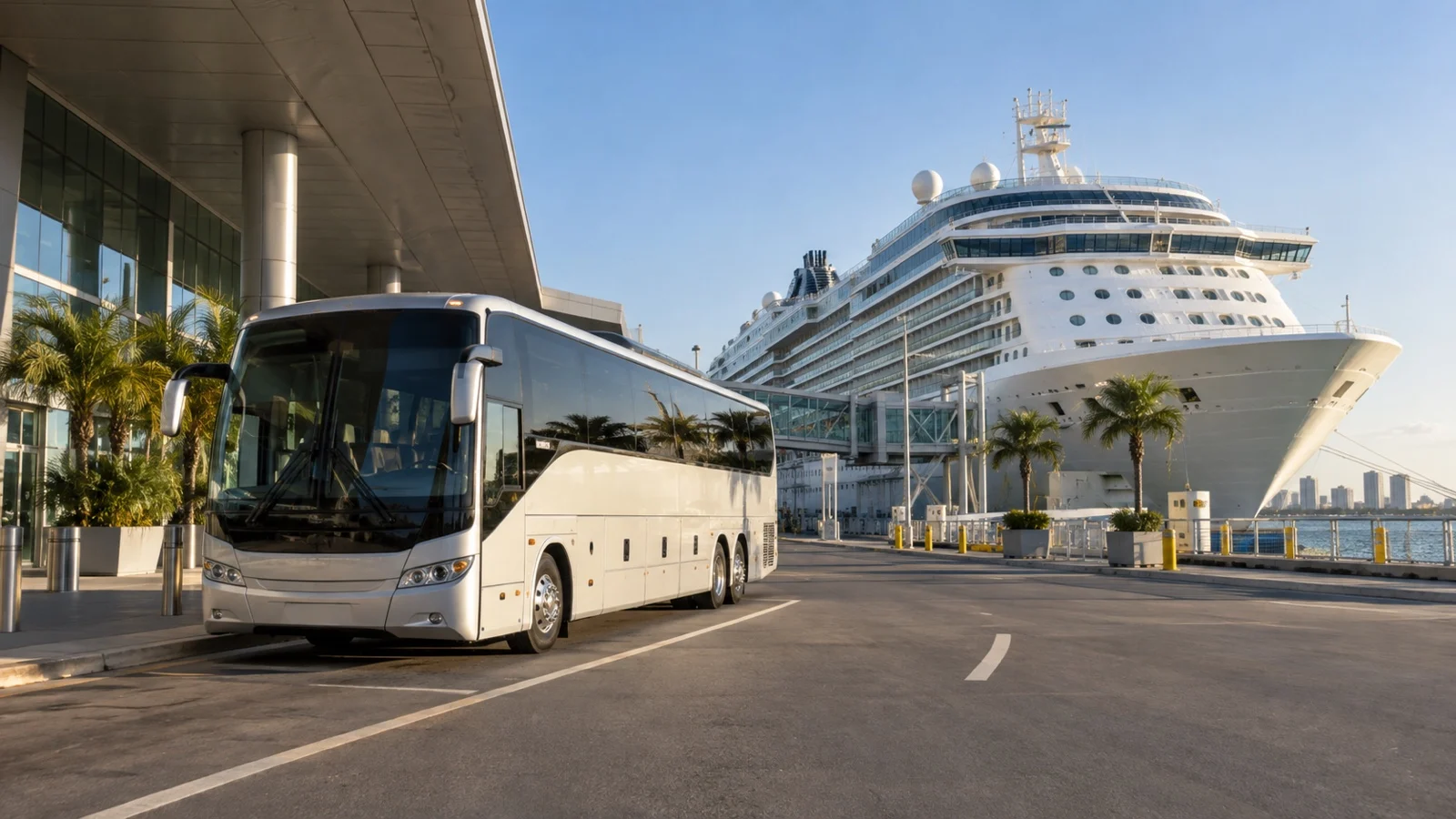 Empty airport transfer coach beside cruise ship terminal