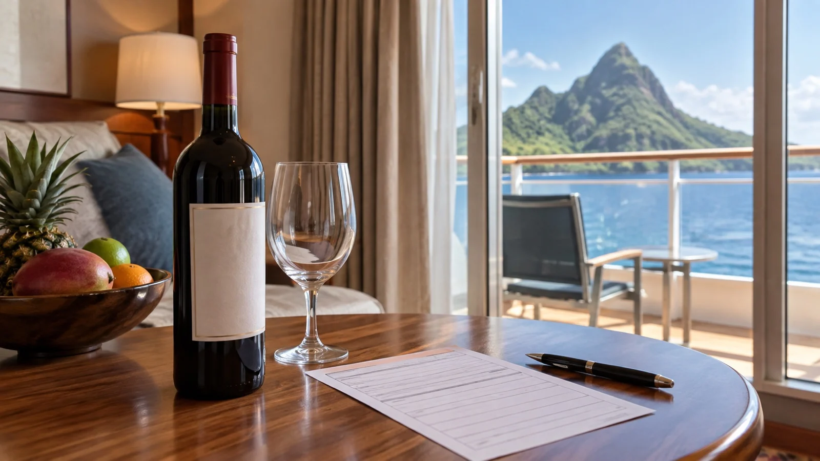 Sealed bottle of wine beside blank cruise customs form on cabin table