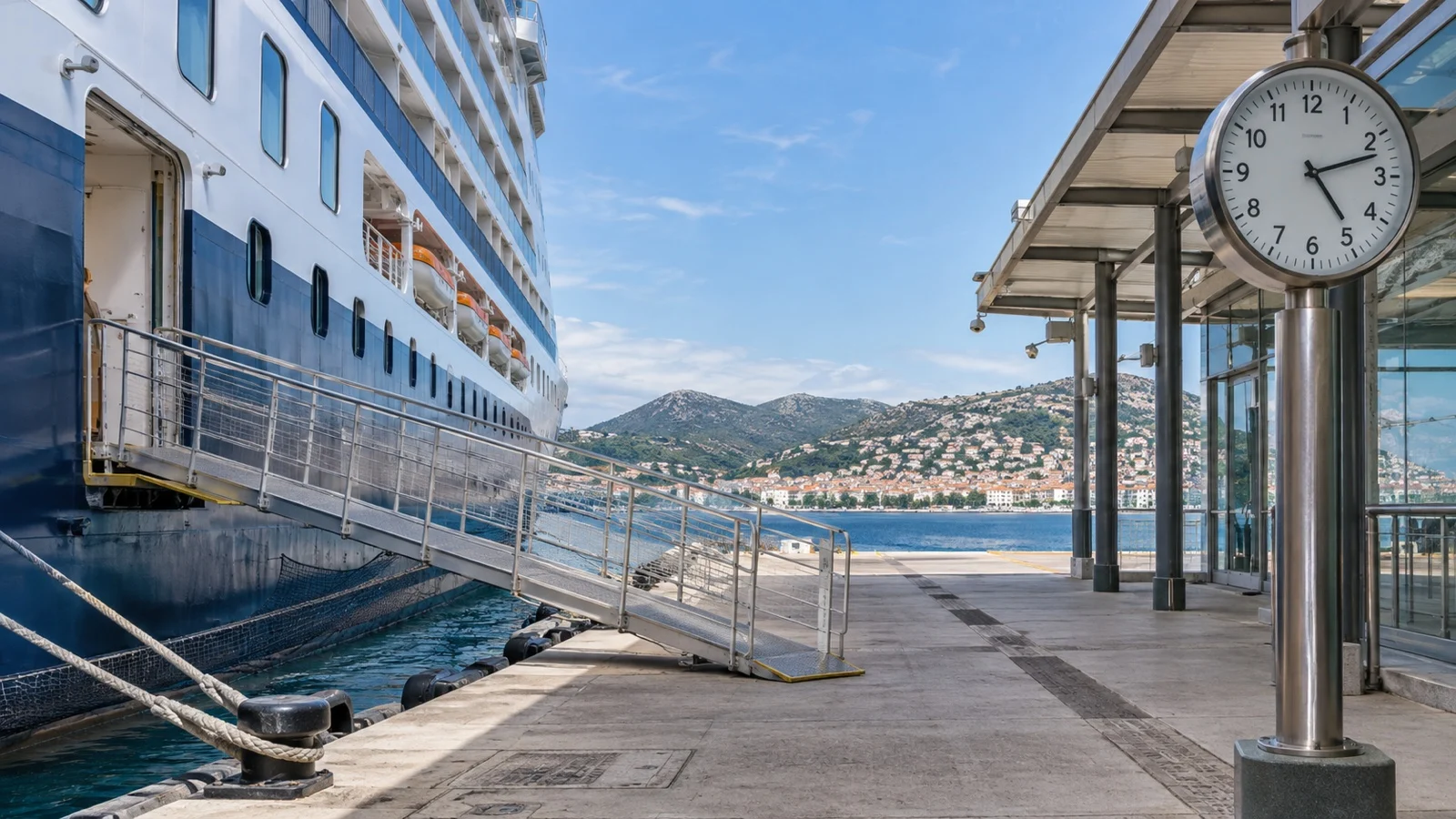 Empty cruise ship gangway and pier with a large analog clock at the terminal
