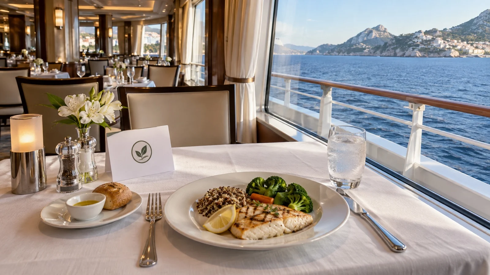 Empty cruise ship dining room table with allergy information card and plated simple meal, no readable text