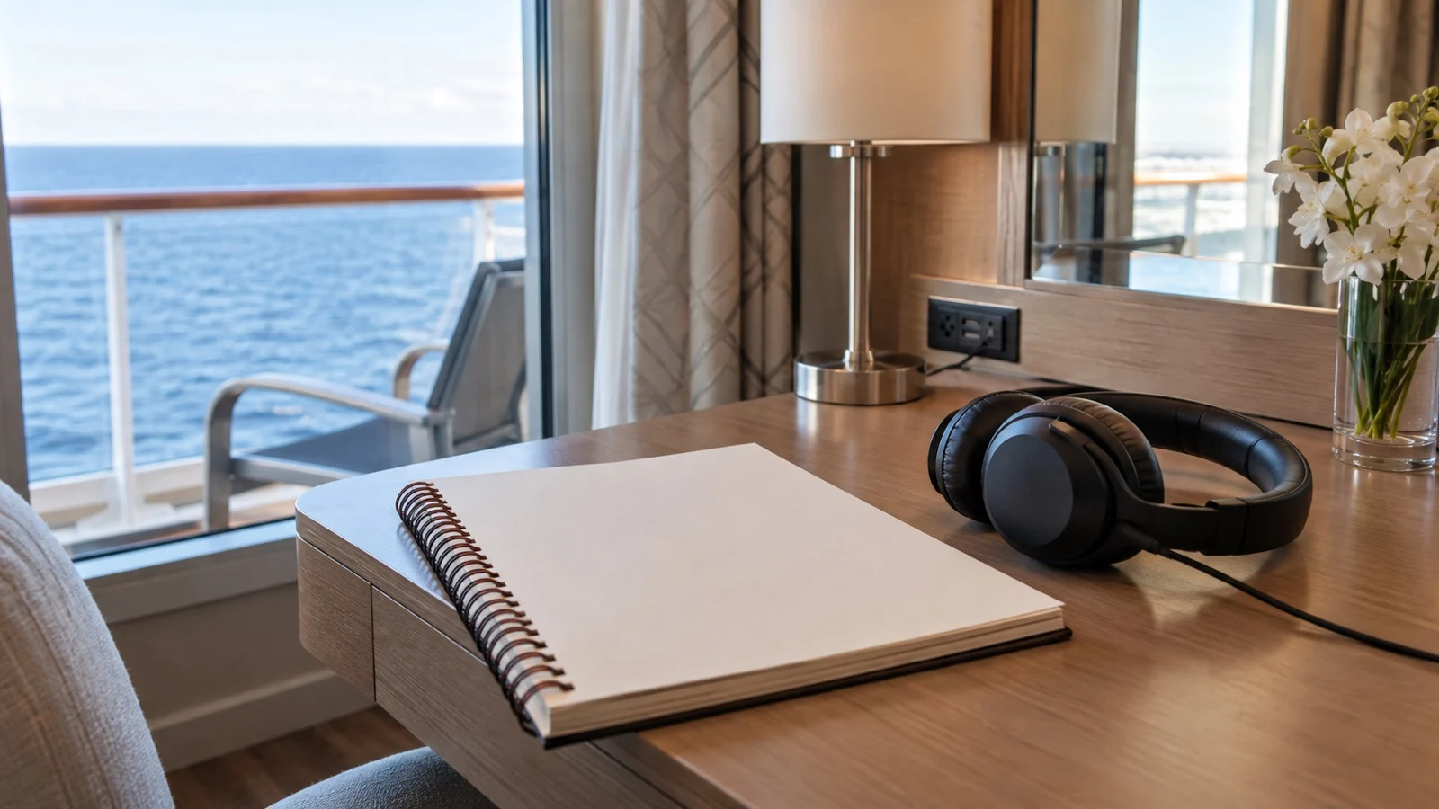 Headphones and large-print blank guide booklet on a cruise cabin desk