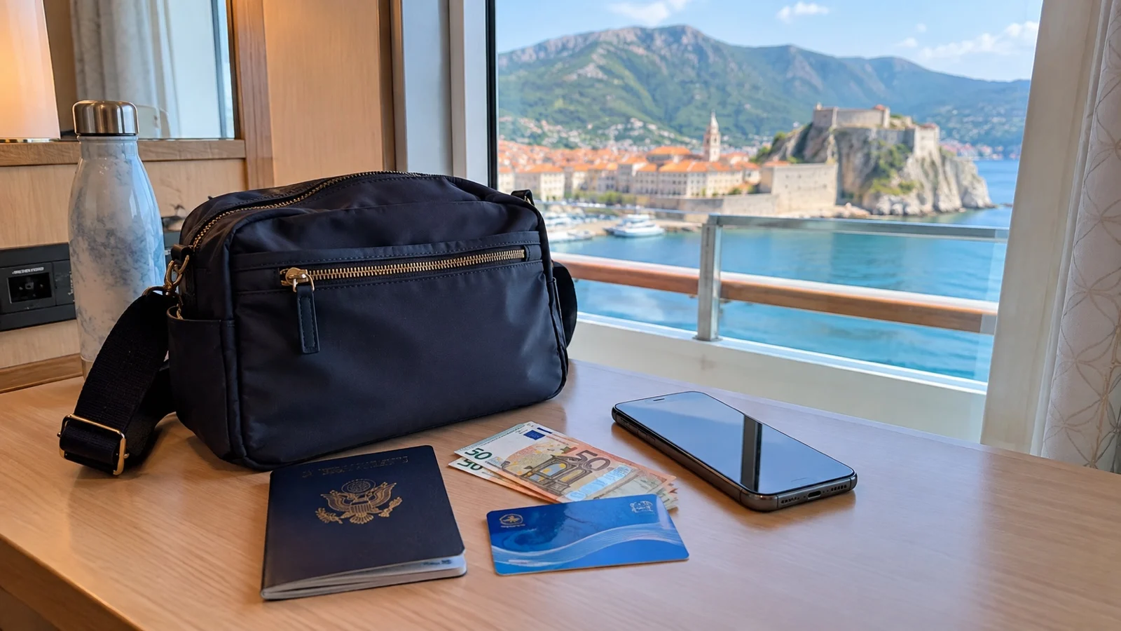 Passport, cruise card, cash, and phone beside compact day bag on cabin desk