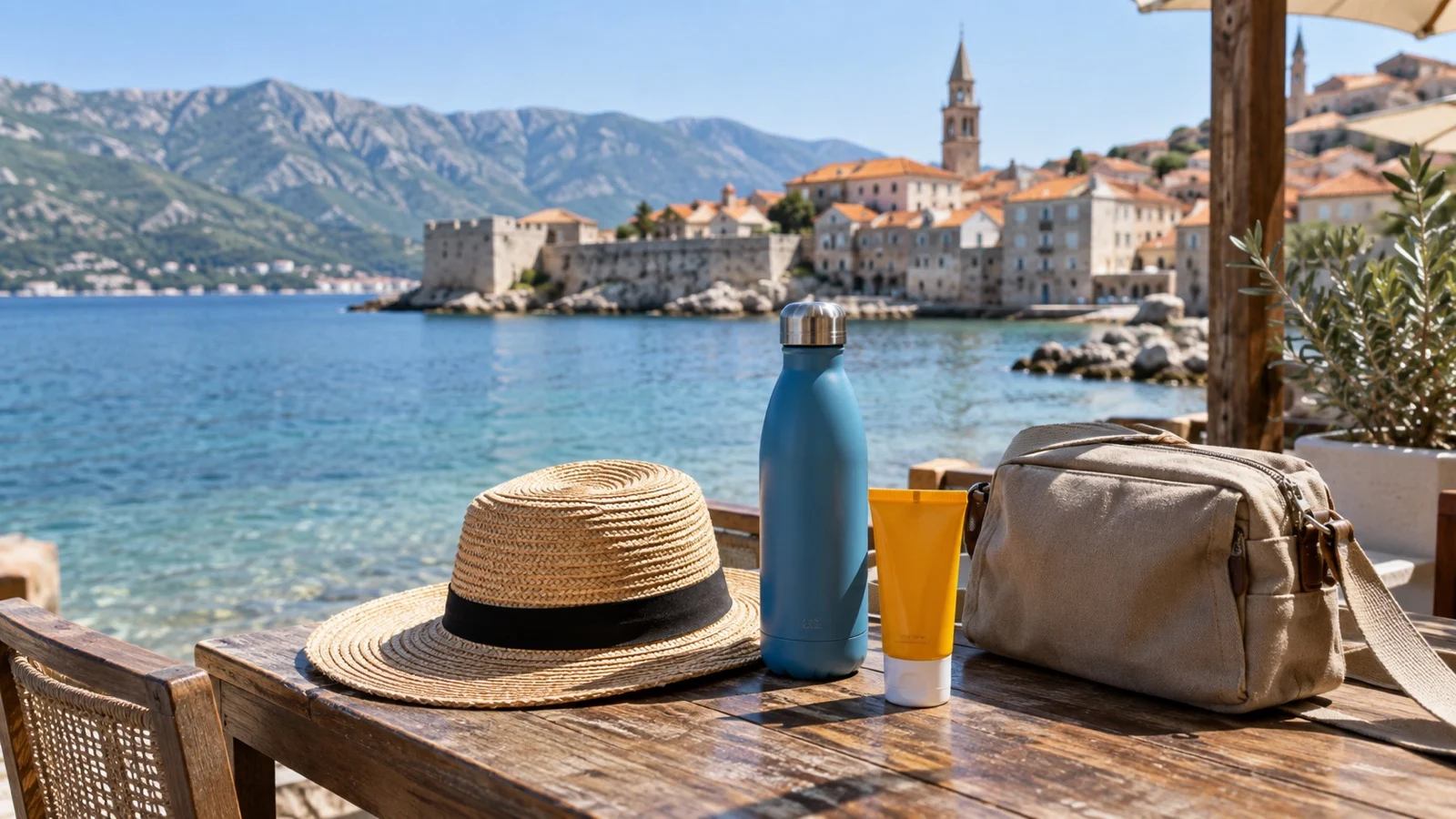 Reusable water bottle, sunhat, sunscreen, and small bag on beachside table