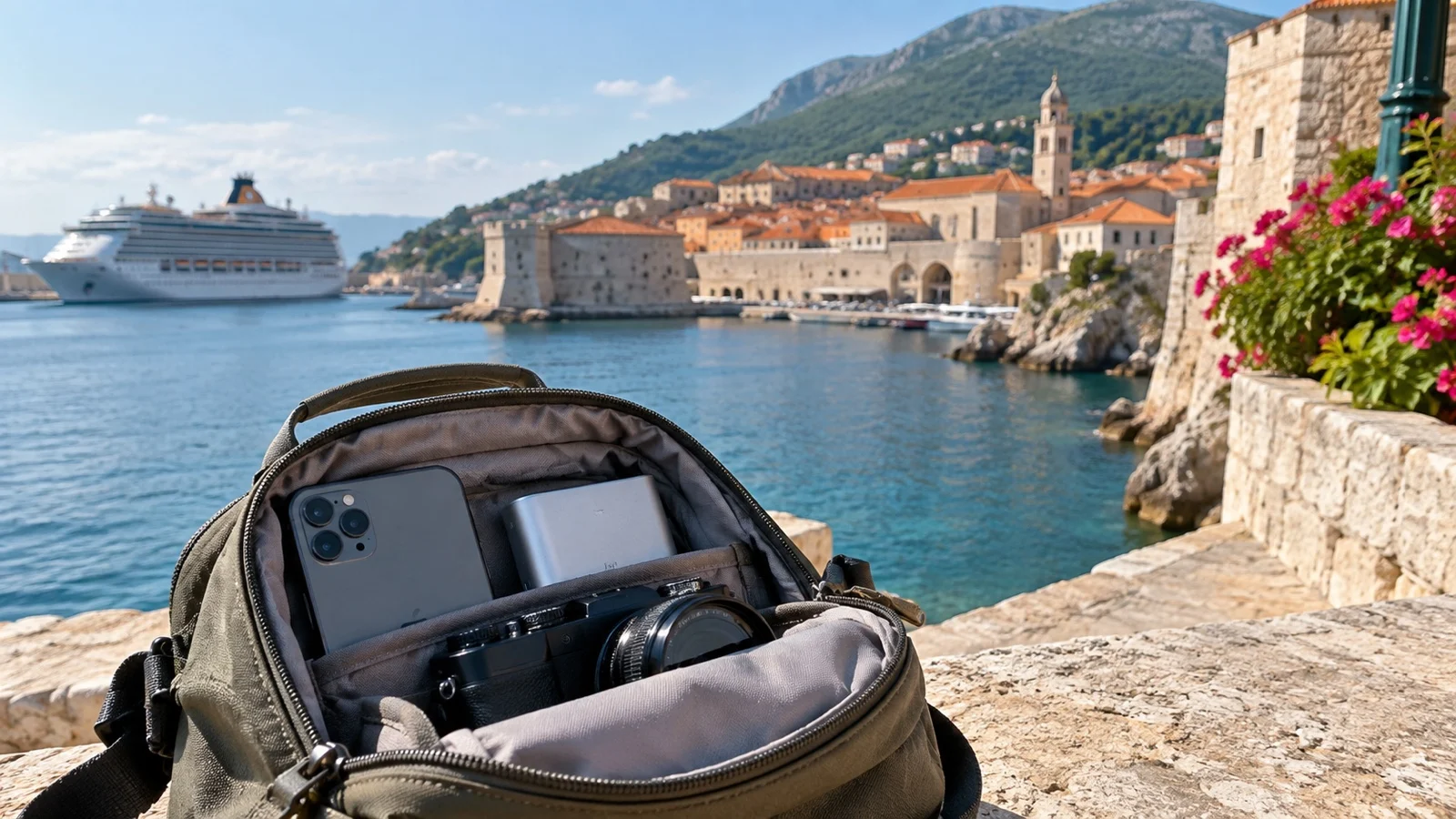 Phone, portable battery, and camera neatly packed in small day bag