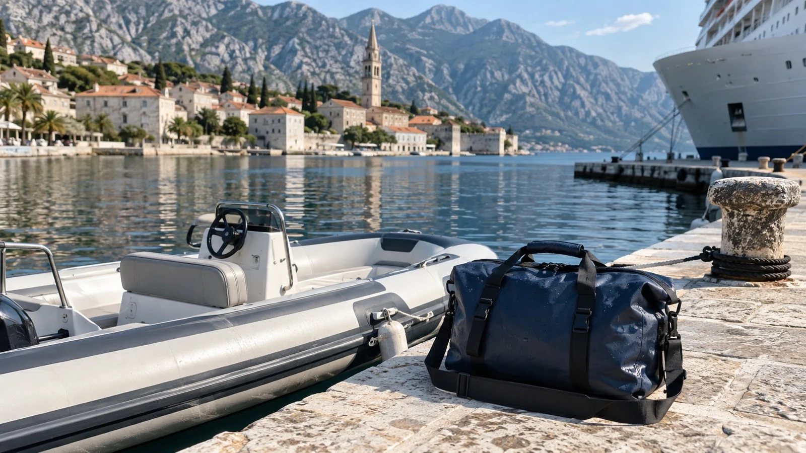 Waterproof day bag beside empty tender boat at cruise pier