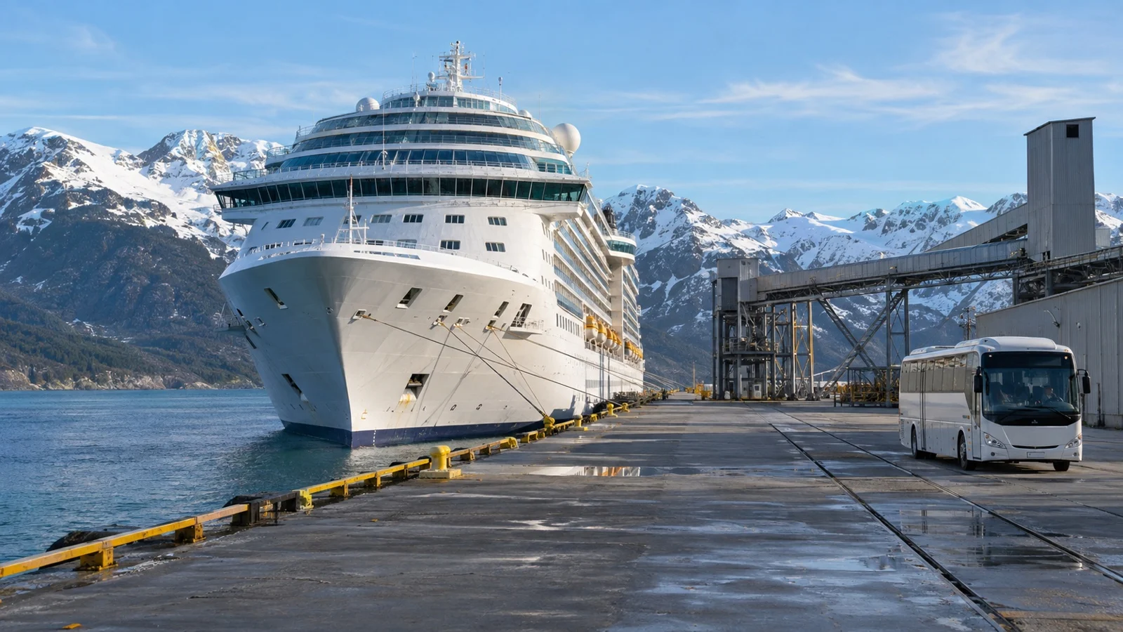 Cruise ship at remote industrial berth with empty shuttle bus nearby