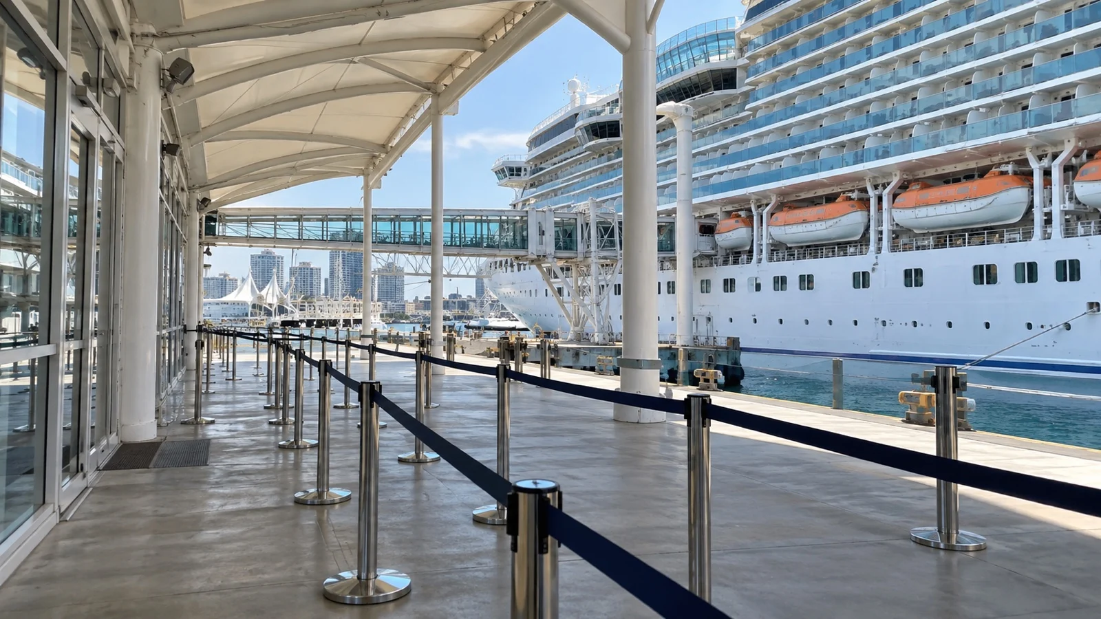 Empty quiet priority boarding lane at a cruise terminal with ship beyond