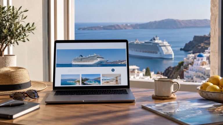 Laptop with blank cruise booking screen on desk by sea-view window, no readable text