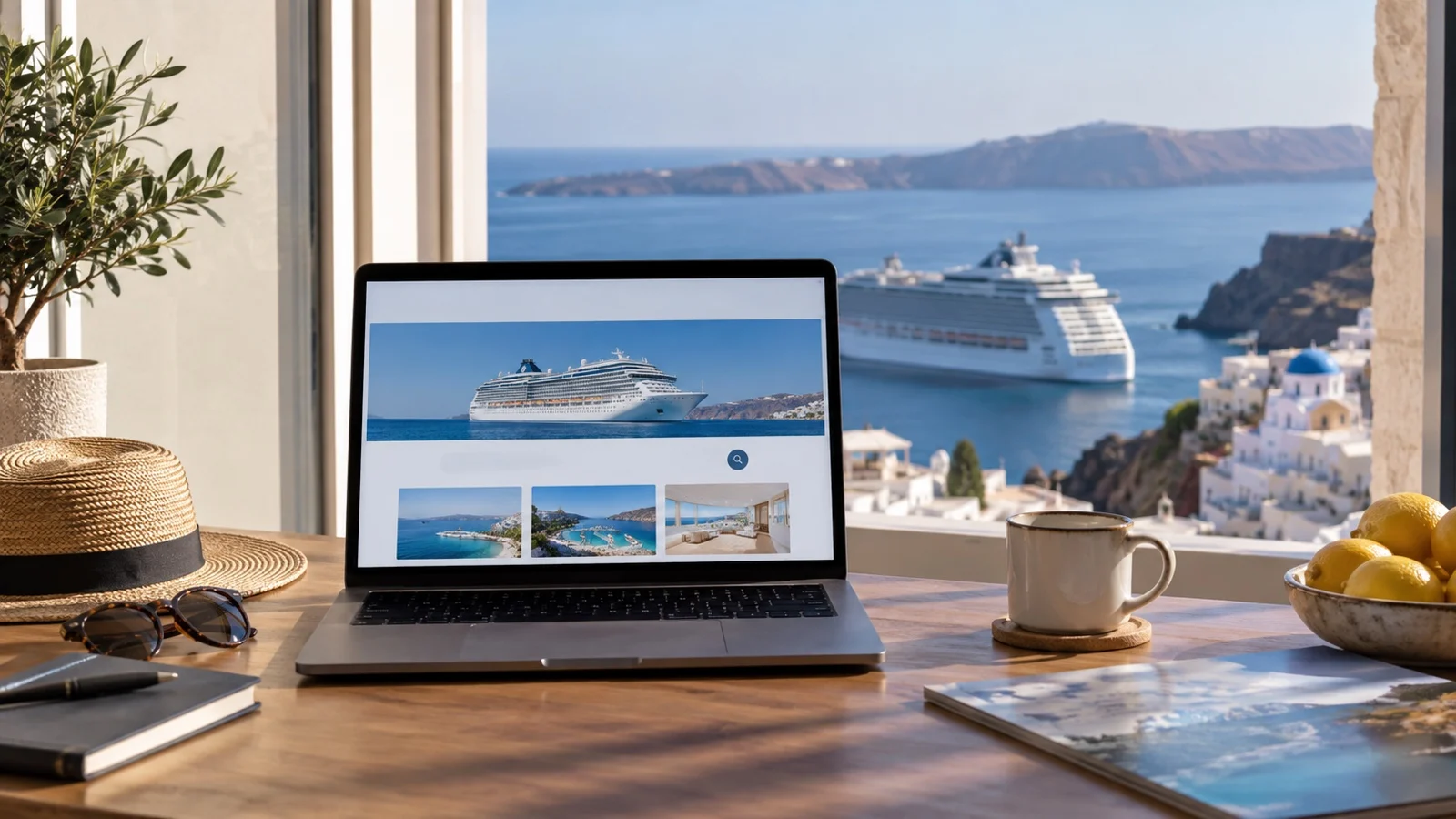 Laptop with blank cruise booking screen on desk by sea-view window, no readable text