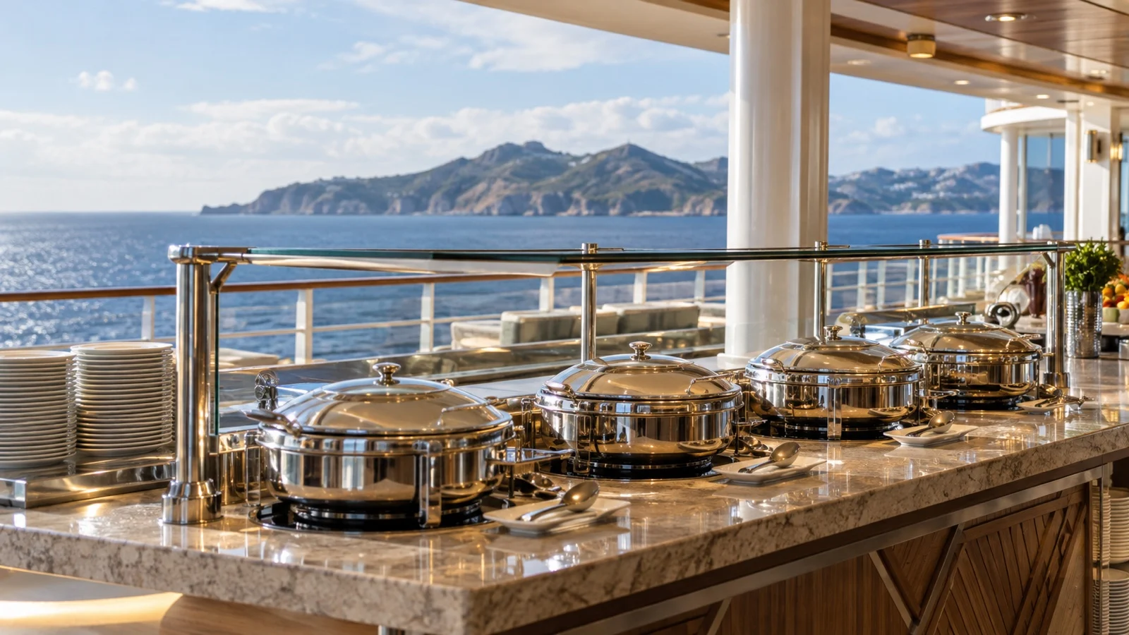 Empty cruise buffet counter with covered dishes and serving utensils