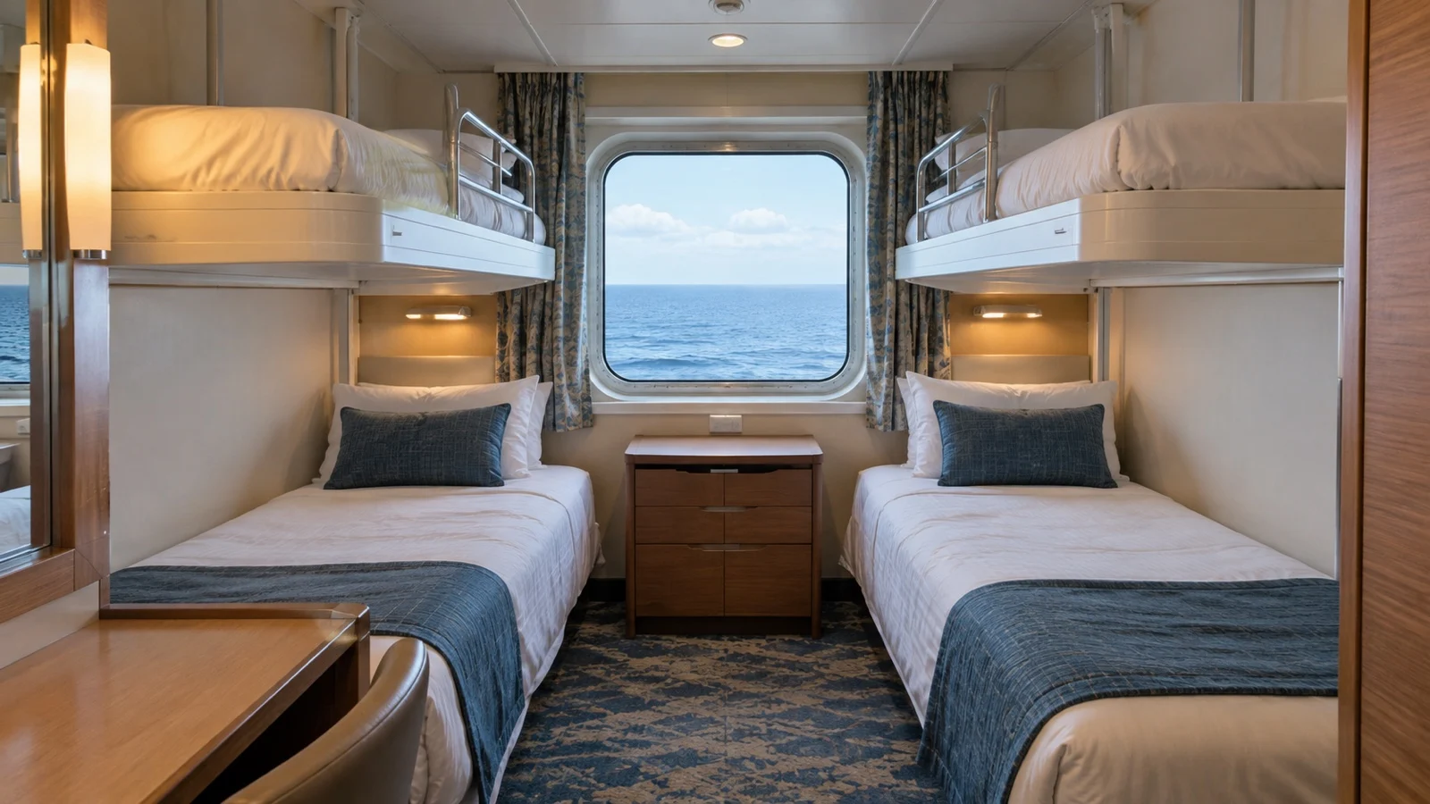 Empty cruise cabin with two lower beds and two fold-down upper bunks
