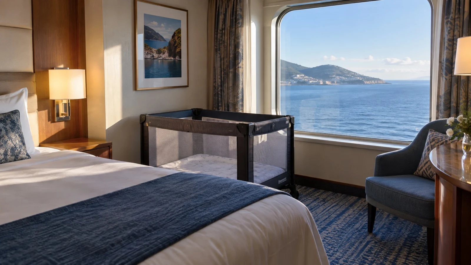 Empty travel crib in a cruise ship cabin with sea-view window