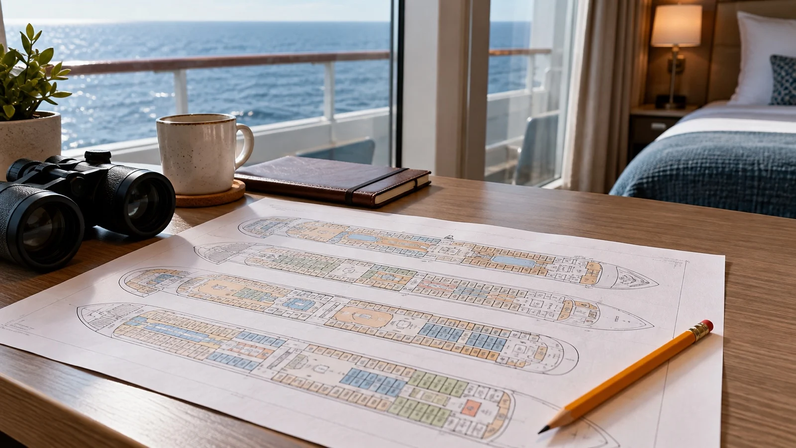 Unlabeled cruise deck plan on a desk with pencil, no readable text