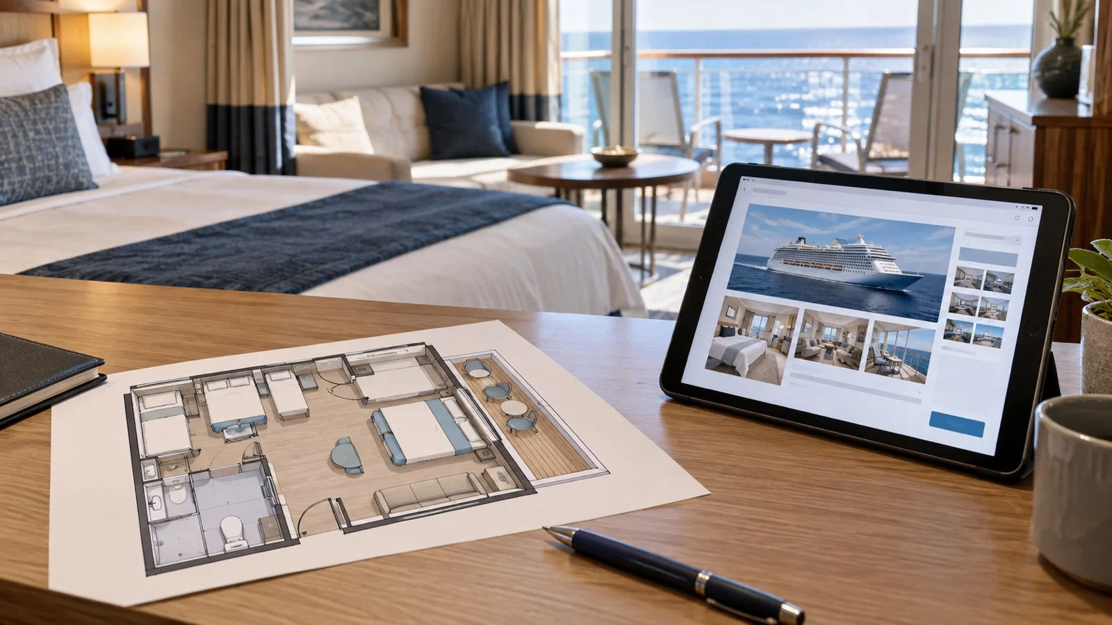 Unlabeled cruise cabin floor plan and booking tablet on a desk, no readable text