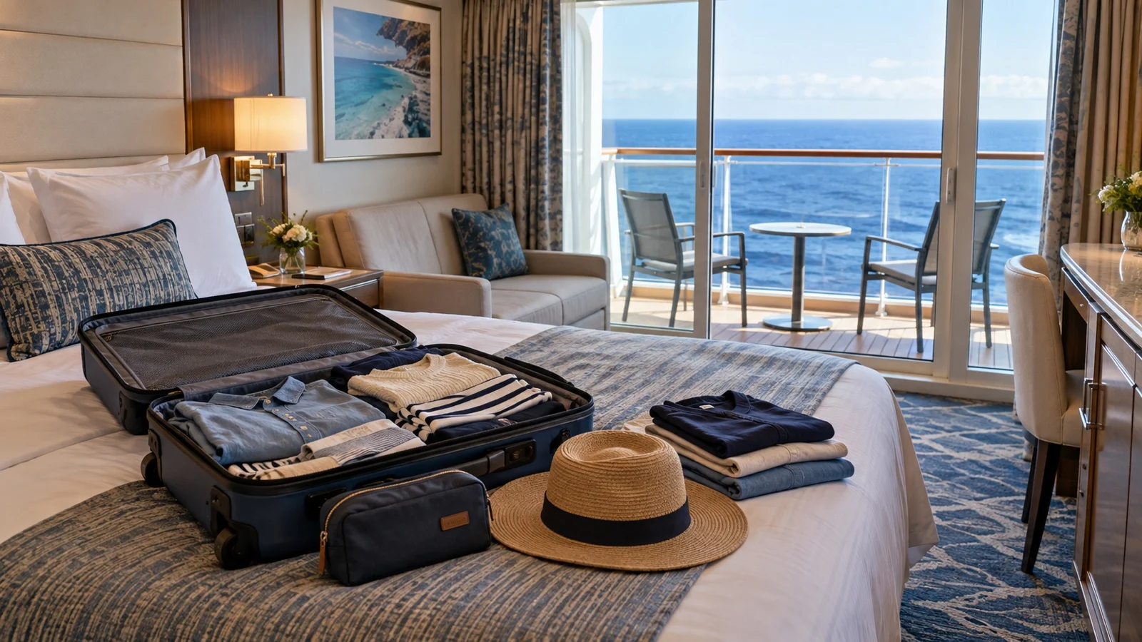 Luggage and clothing in a cruise ship cabin