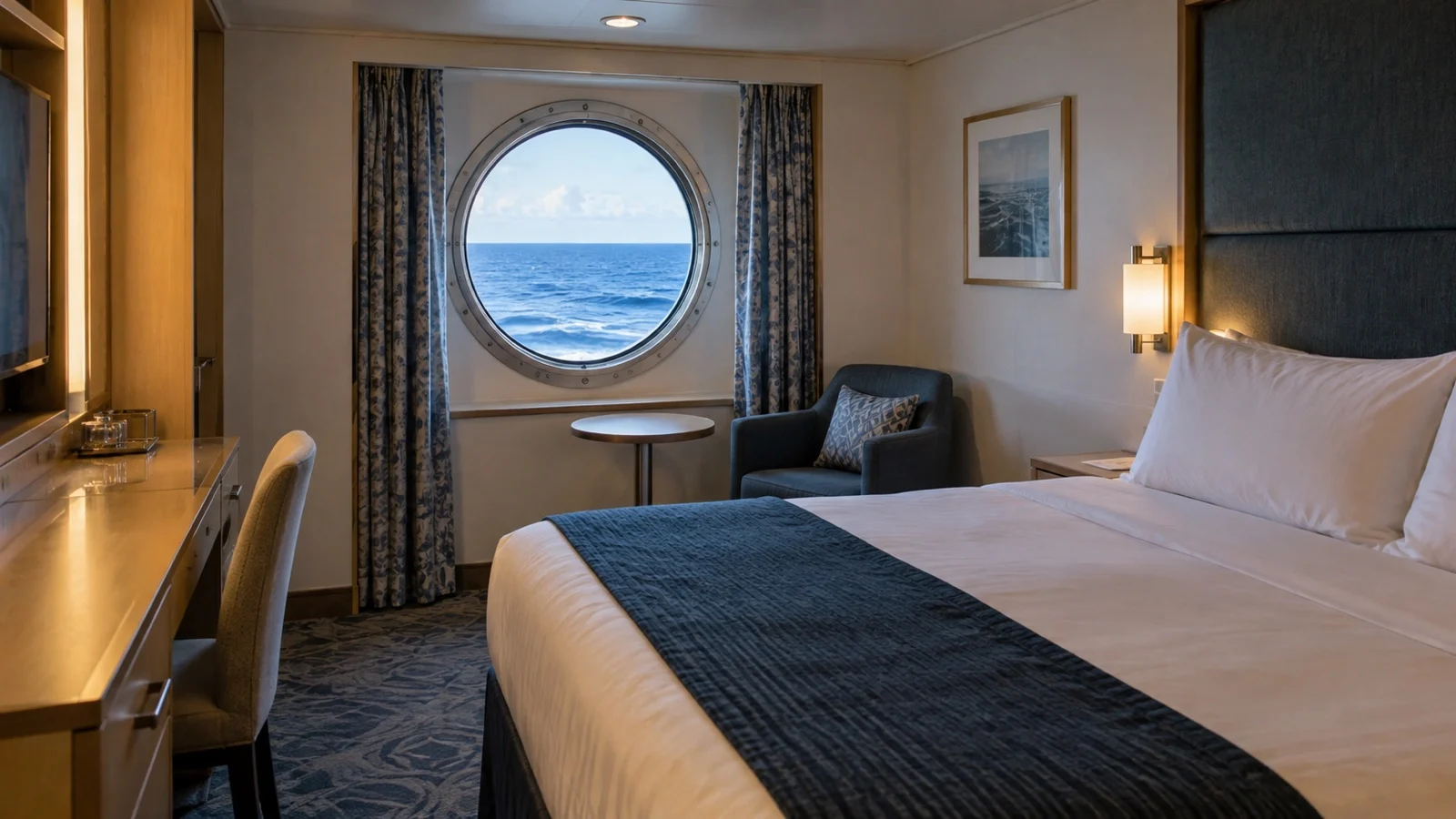 Empty lower midship cruise cabin with porthole and calm interior