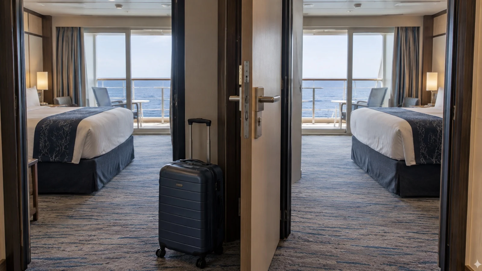 Packed suitcase beside open door between two empty cruise cabins