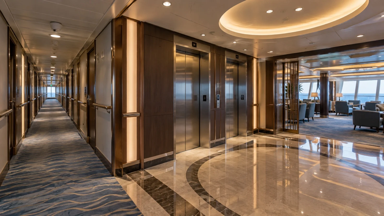 Empty cruise corridor near elevator and lounge entrance