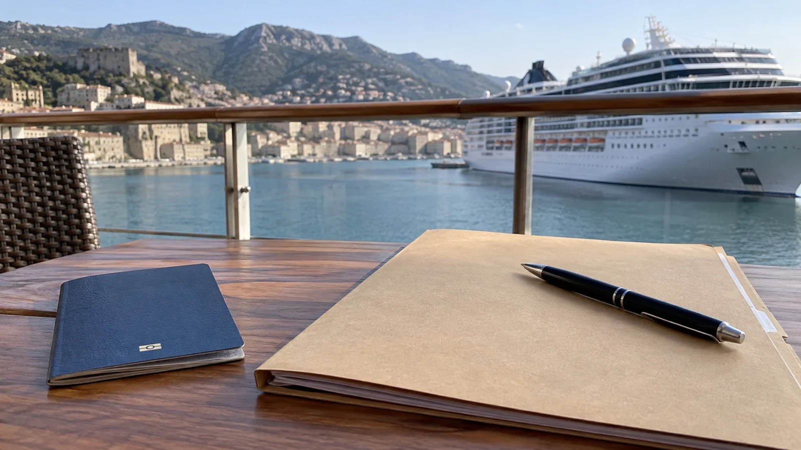 Blank cancellation terms folder and pen beside passport, no readable text