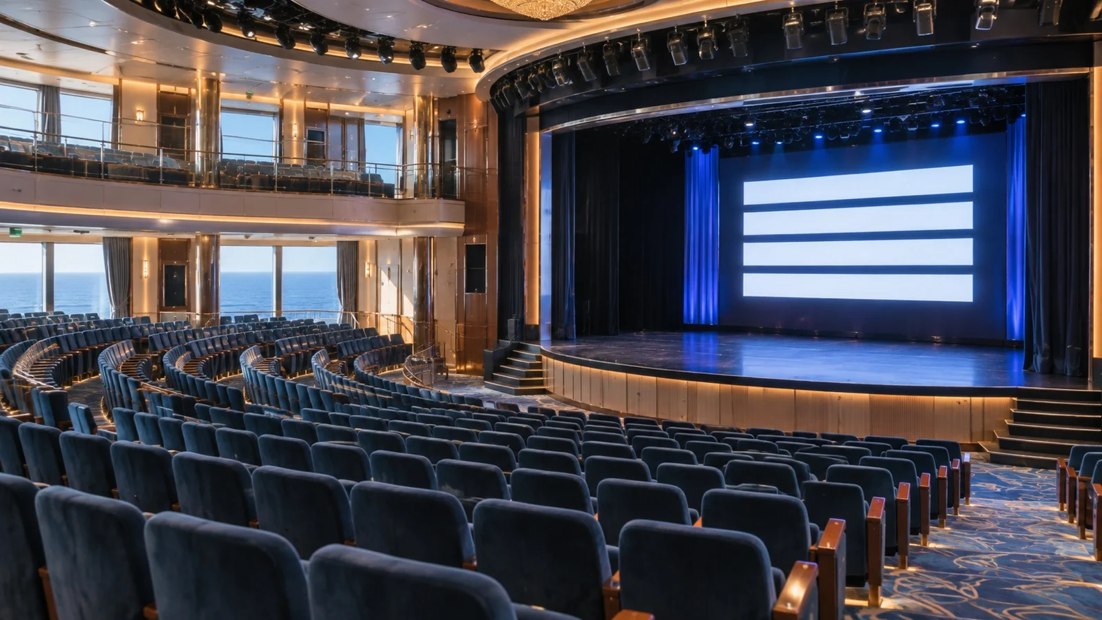 Empty cruise ship theater with caption display showing only blank illuminated bars, no readable text